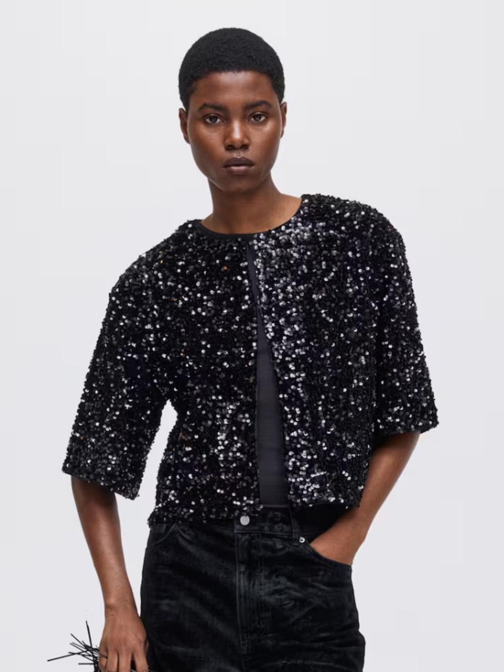 H&M Black Sequin Short-Sleeve Jacket - Women